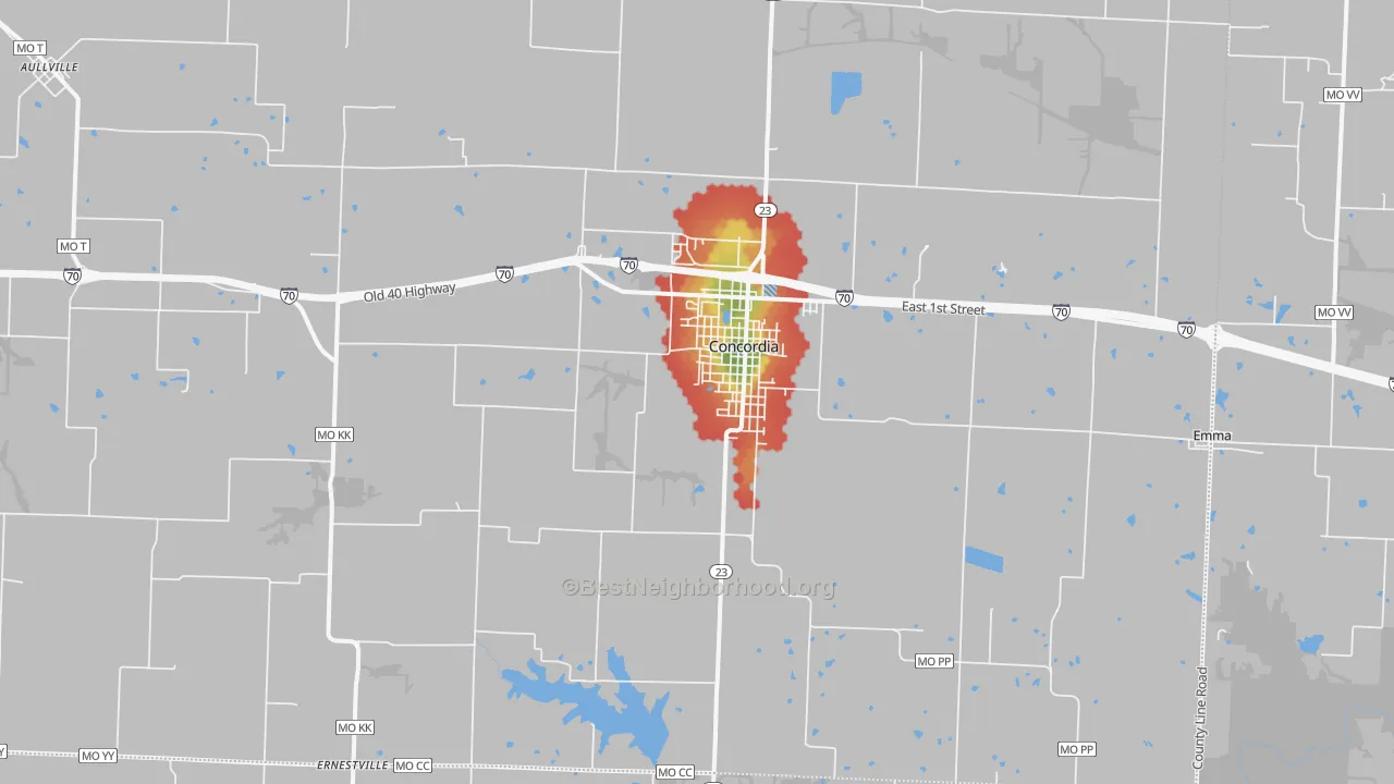 Walk Grade map of 64020, MO, walkable areas in green and car-dependent areas in red