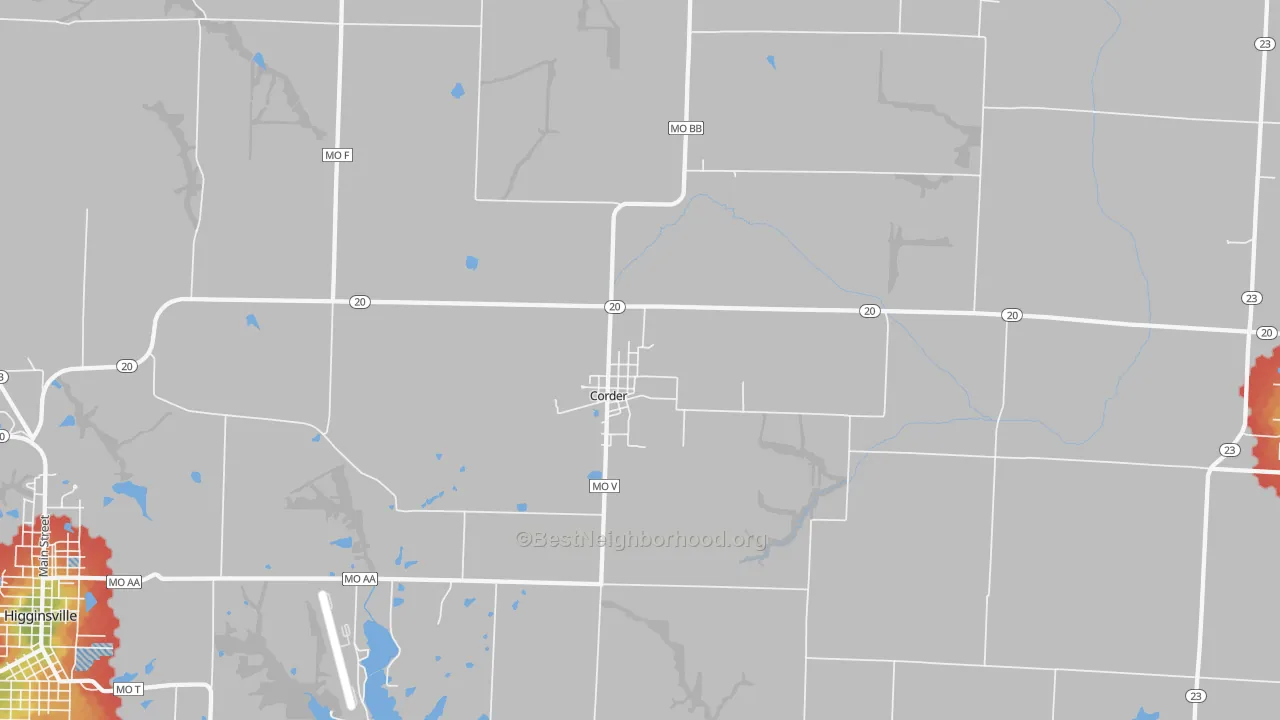 Walk Grade map of 64021, MO, walkable areas in green and car-dependent areas in red