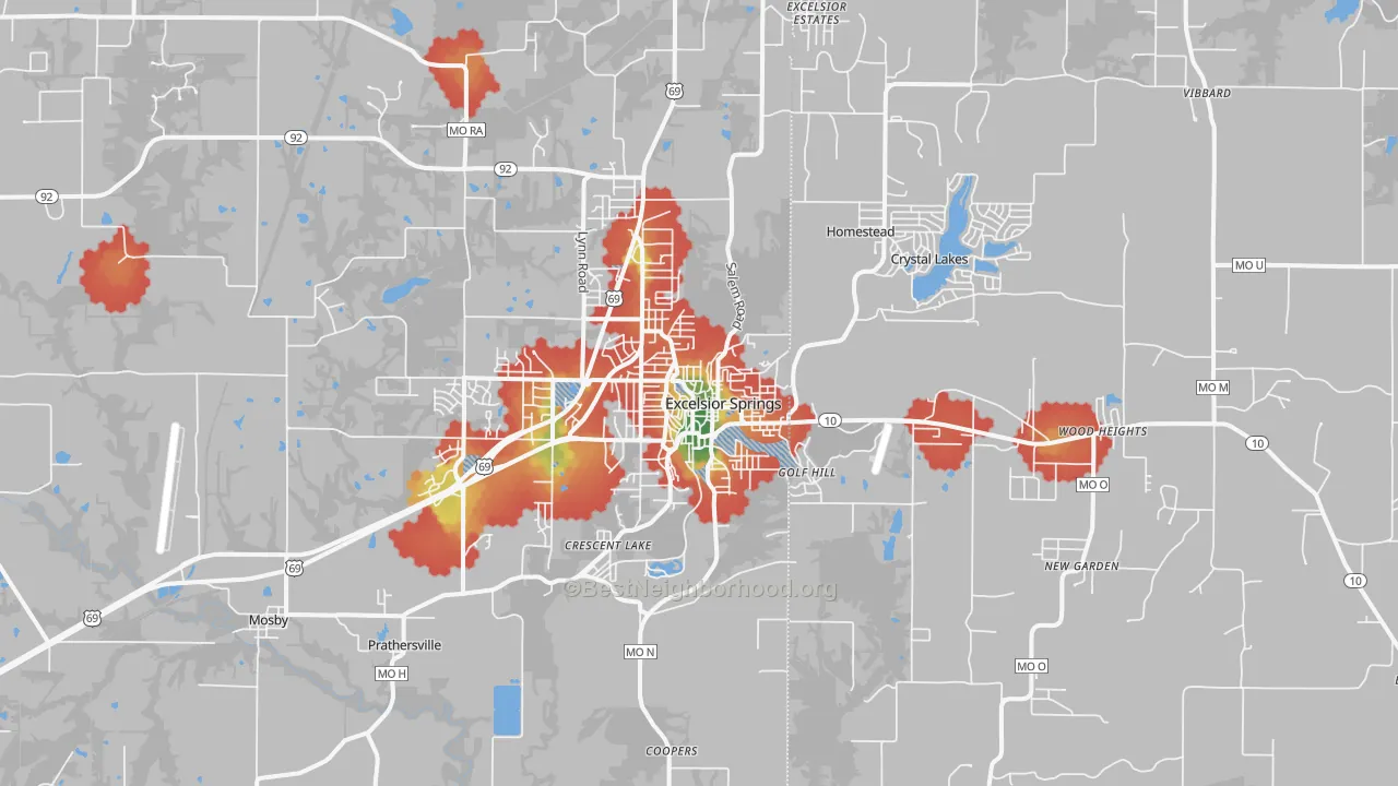 Walk Grade map of 64024, MO, walkable areas in green and car-dependent areas in red