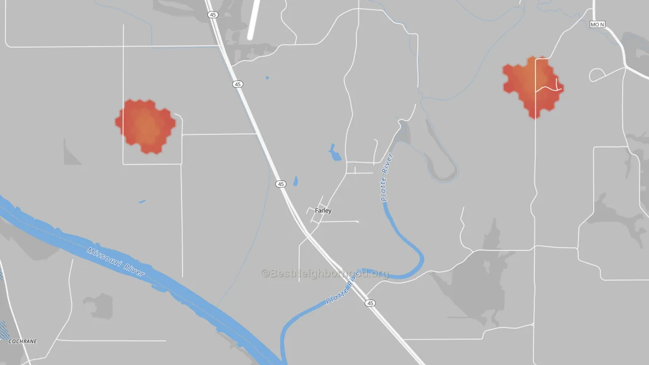 Walk Grade map of 64028, MO, walkable areas in green and car-dependent areas in red