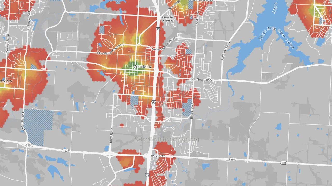 Walk Grade map of 64030, MO, walkable areas in green and car-dependent areas in red