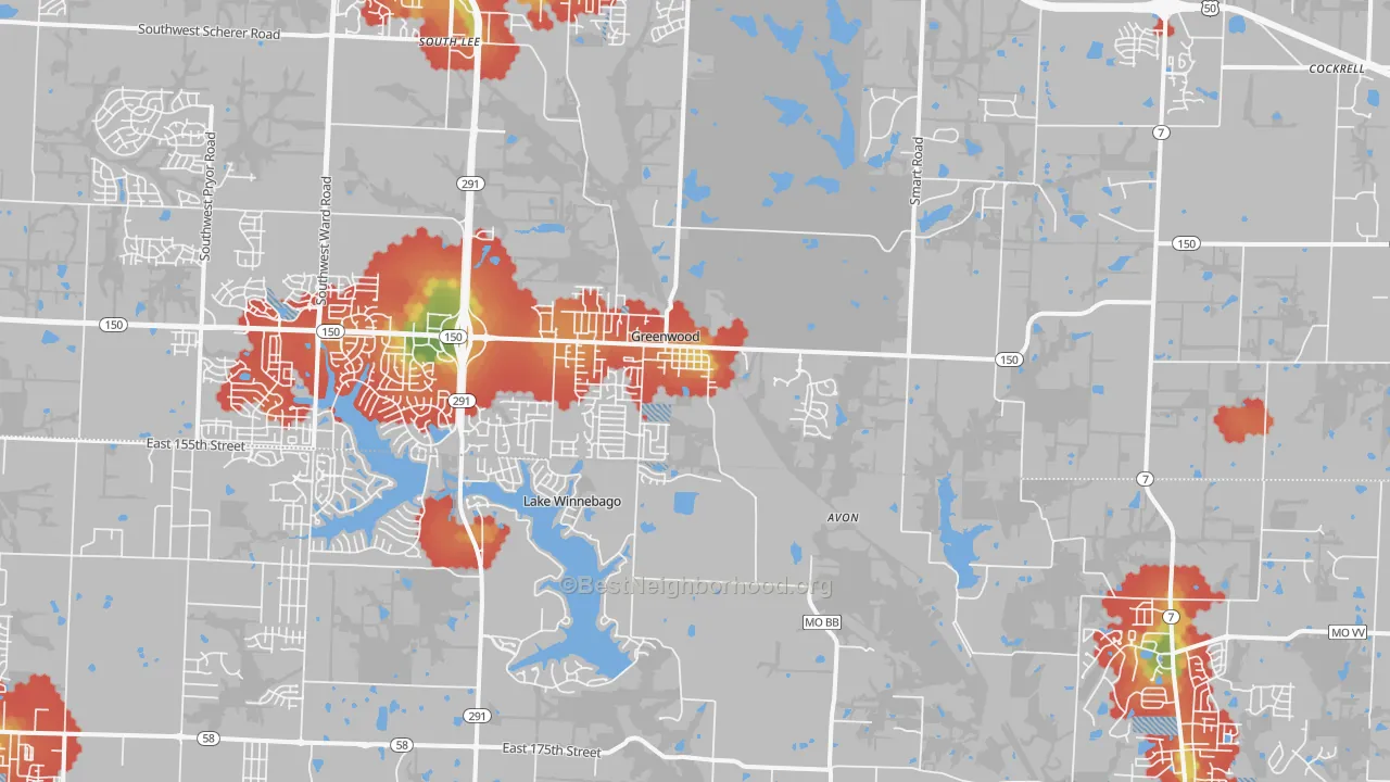 Walk Grade map of 64034, MO, walkable areas in green and car-dependent areas in red