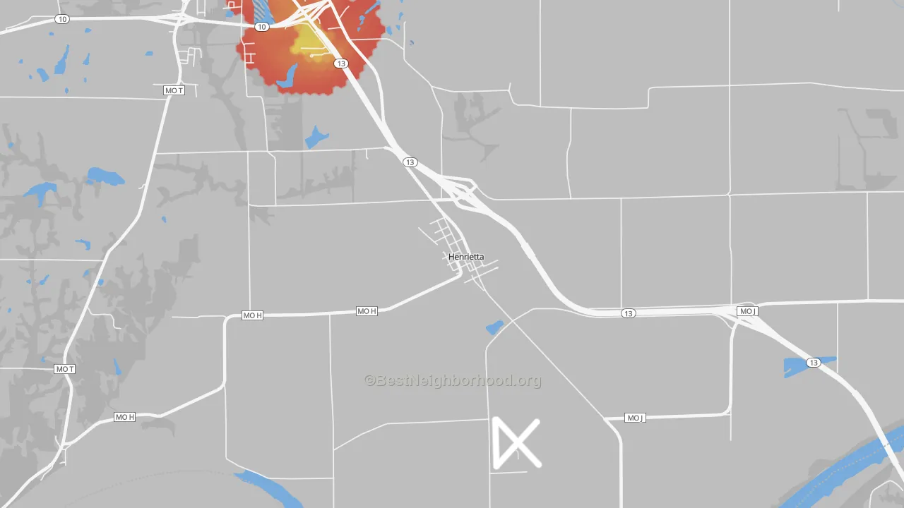 Walk Grade map of 64036, MO, walkable areas in green and car-dependent areas in red