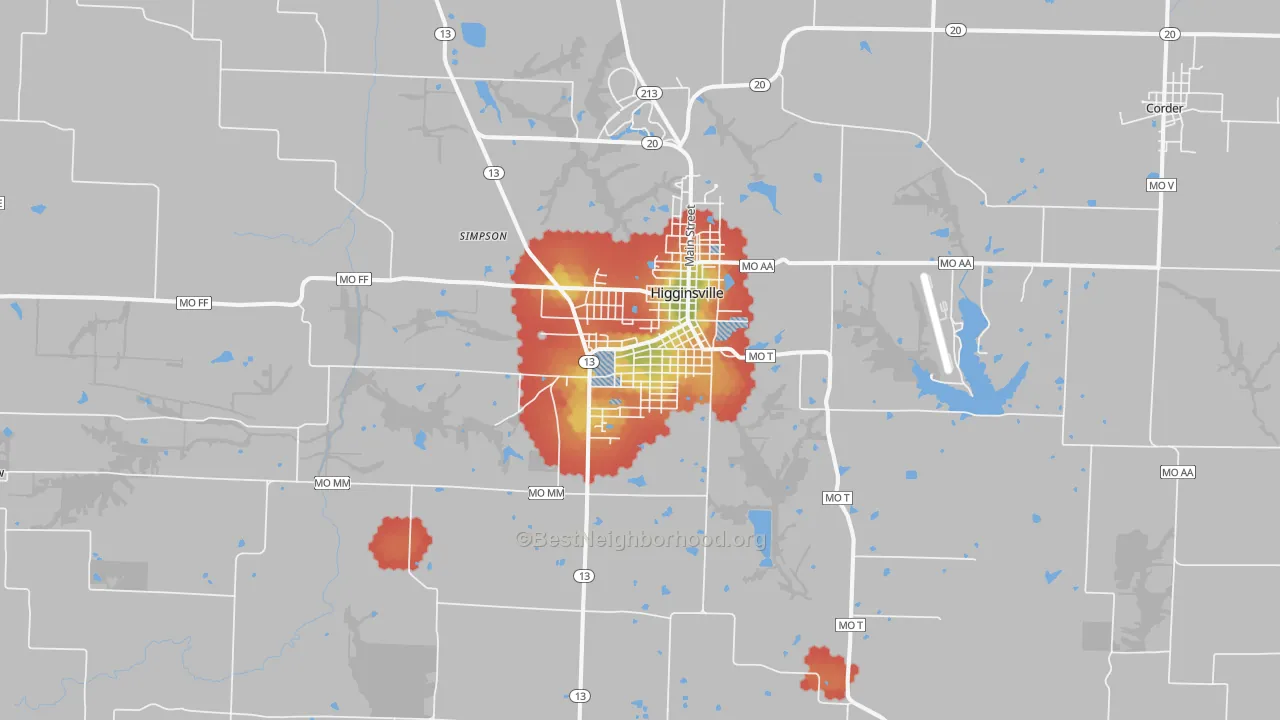 Walk Grade map of 64037, MO, walkable areas in green and car-dependent areas in red