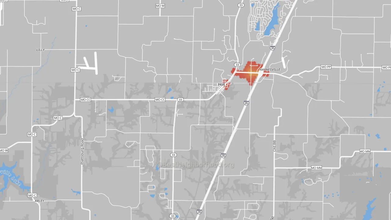 Walk Grade map of 64048, MO, walkable areas in green and car-dependent areas in red