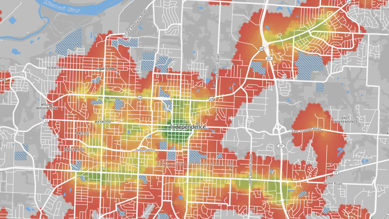 Walk Grade map of 64050, MO, walkable areas in green and car-dependent areas in red