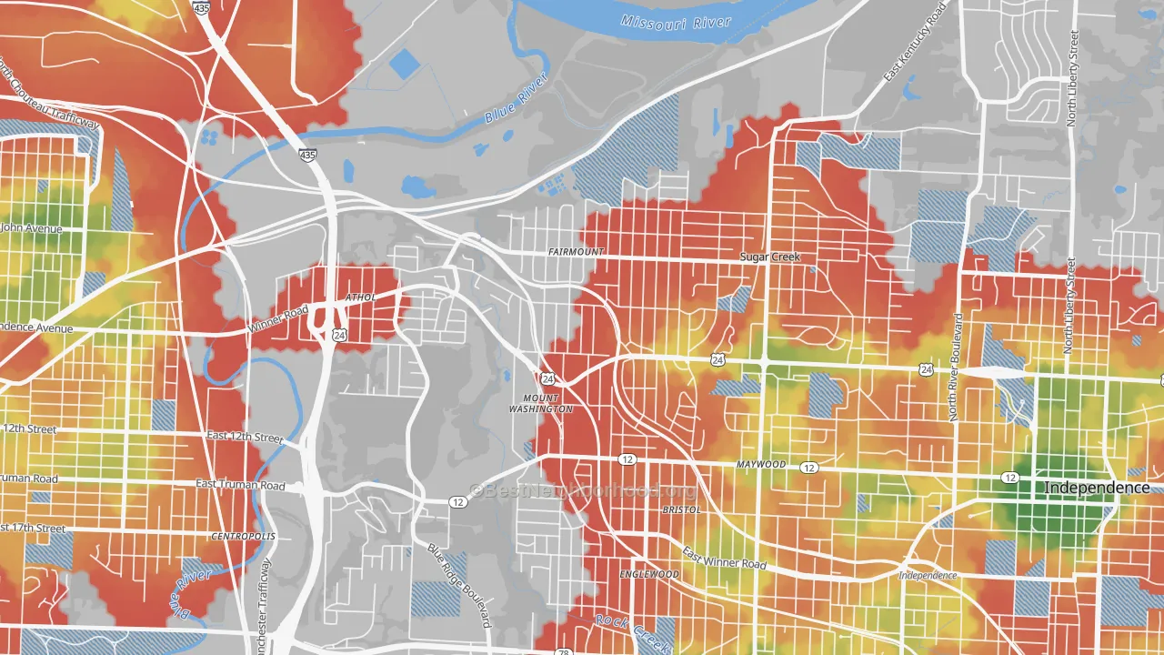 Walk Grade map of 64053, MO, walkable areas in green and car-dependent areas in red