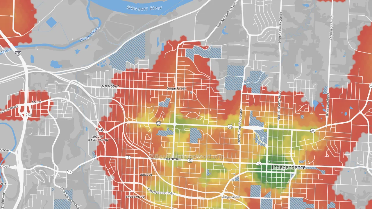 Walk Grade map of 64054, MO, walkable areas in green and car-dependent areas in red