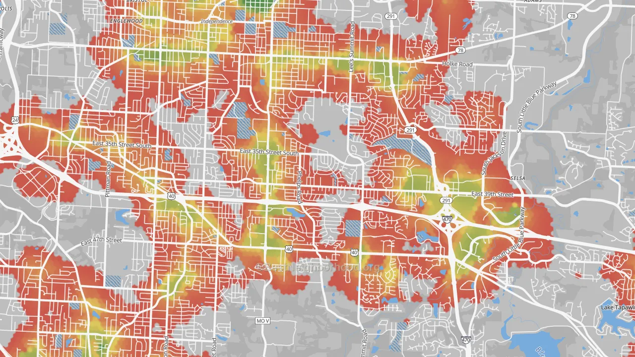 Walk Grade map of 64055, MO, walkable areas in green and car-dependent areas in red