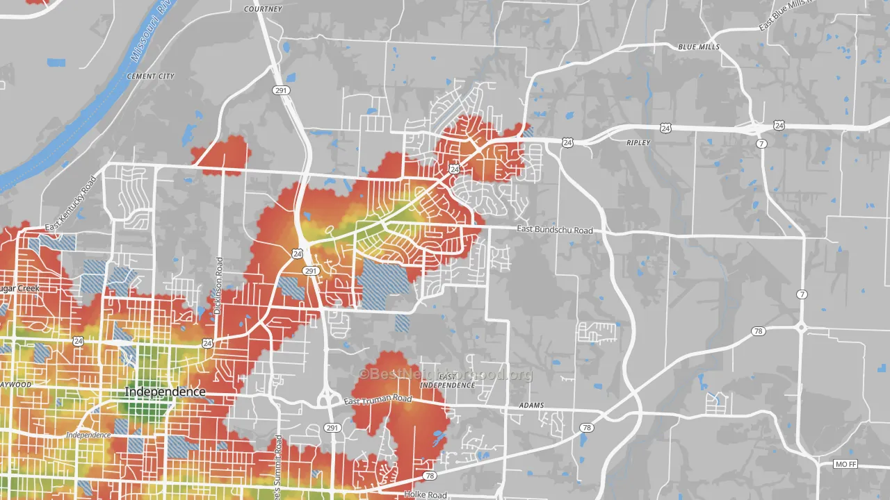 Walk Grade map of 64056, MO, walkable areas in green and car-dependent areas in red