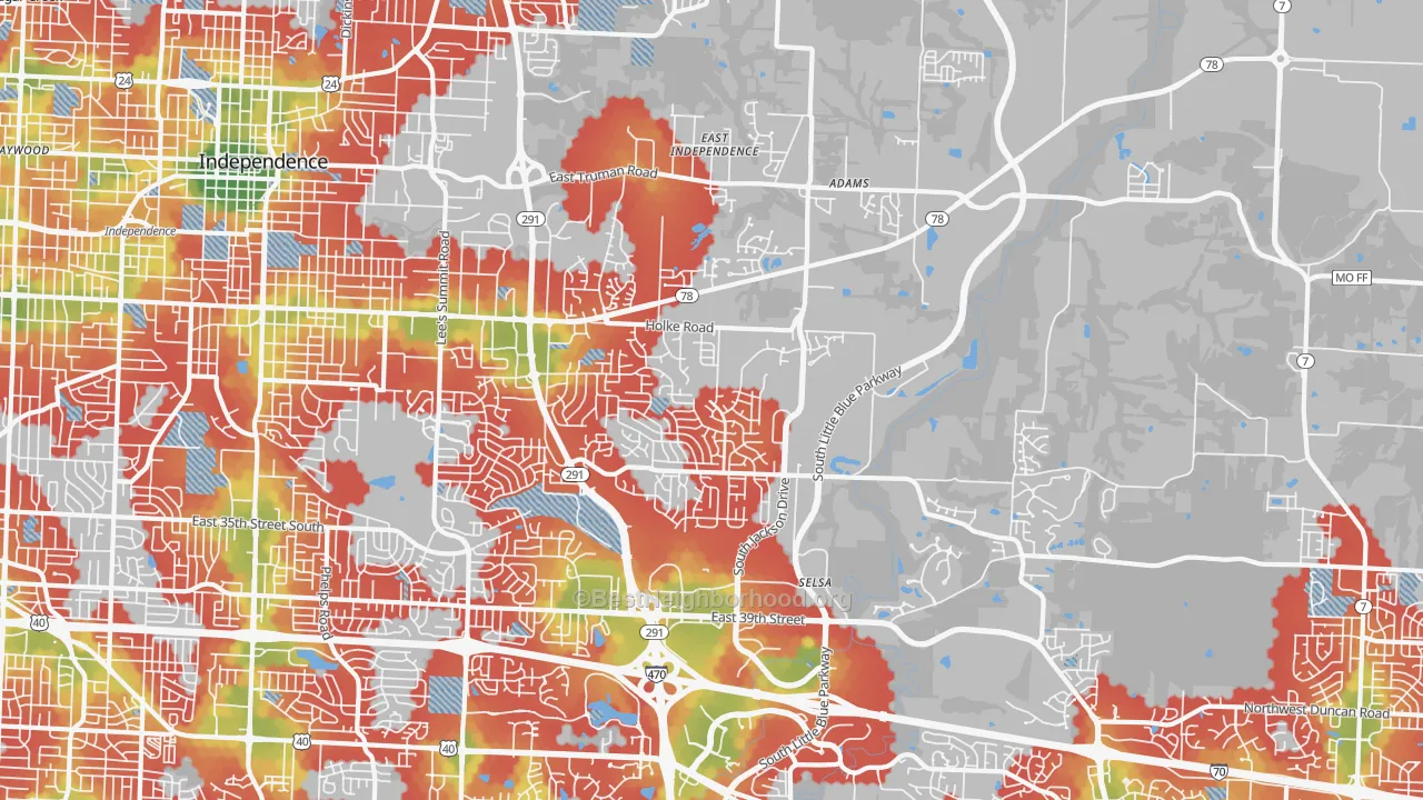 Walk Grade map of 64057, MO, walkable areas in green and car-dependent areas in red
