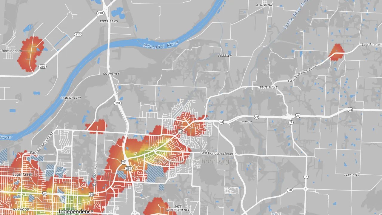Walk Grade map of 64058, MO, walkable areas in green and car-dependent areas in red