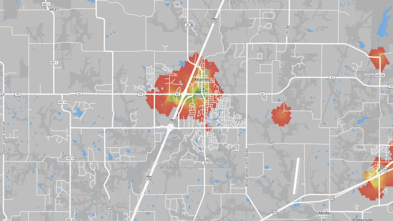 Walk Grade map of 64060, MO, walkable areas in green and car-dependent areas in red