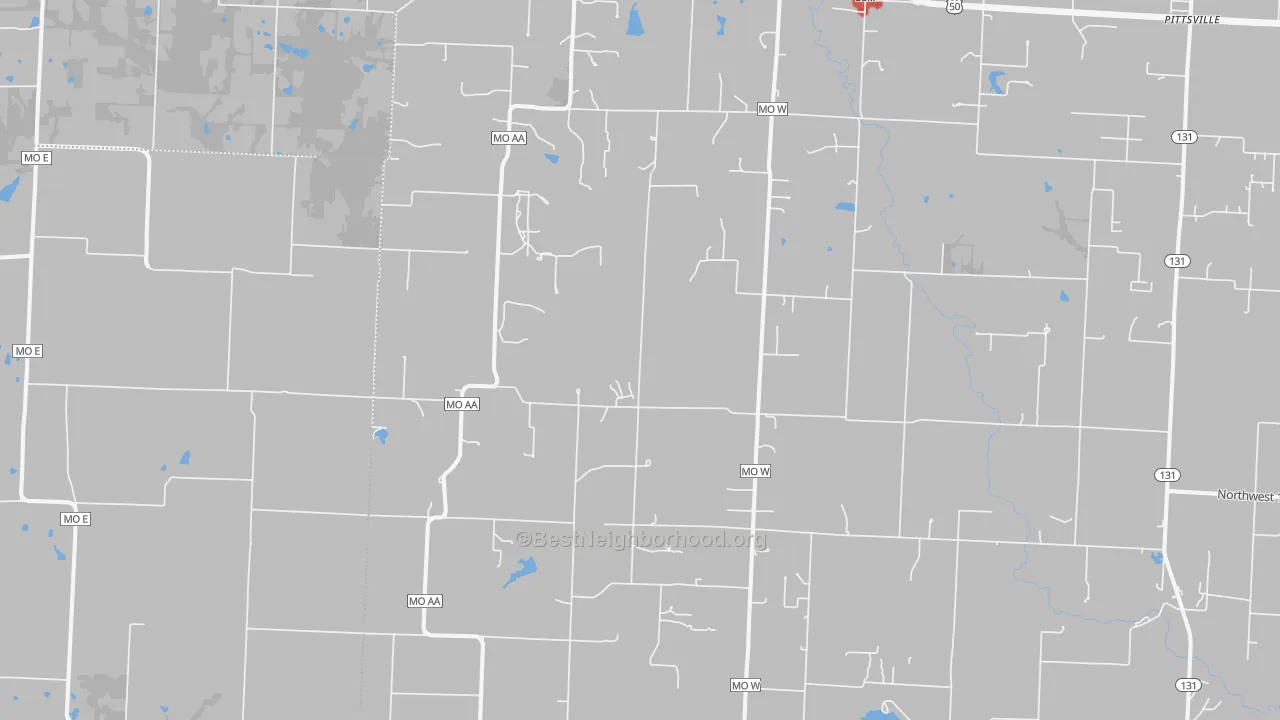 Walk Grade map of 64061, MO, walkable areas in green and car-dependent areas in red
