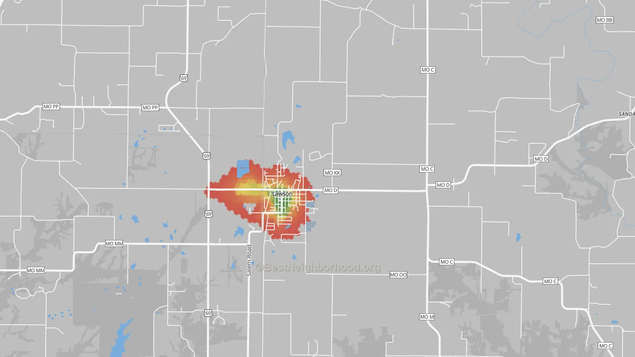 Walk Grade map of 64062, MO, walkable areas in green and car-dependent areas in red