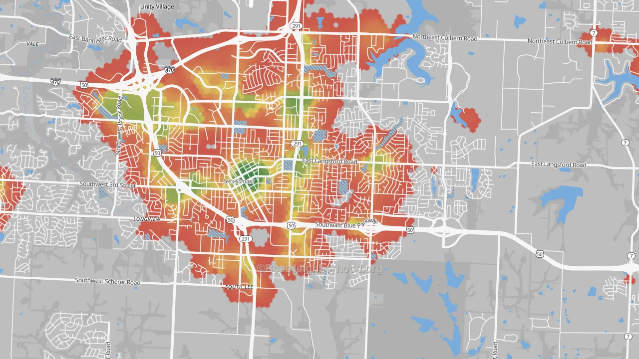 Walk Grade map of 64063, MO, walkable areas in green and car-dependent areas in red