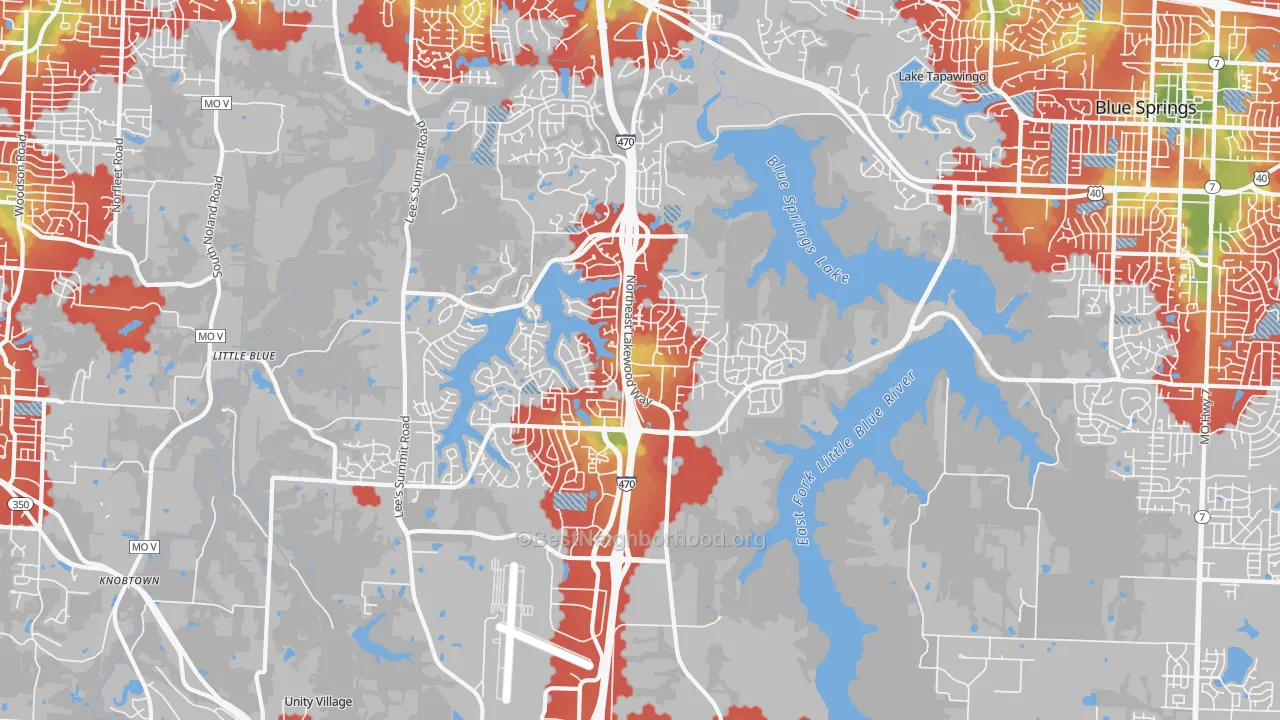 Walk Grade map of 64064, MO, walkable areas in green and car-dependent areas in red