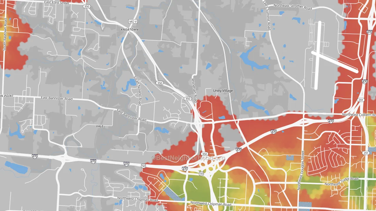 Walk Grade map of 64065, MO, walkable areas in green and car-dependent areas in red
