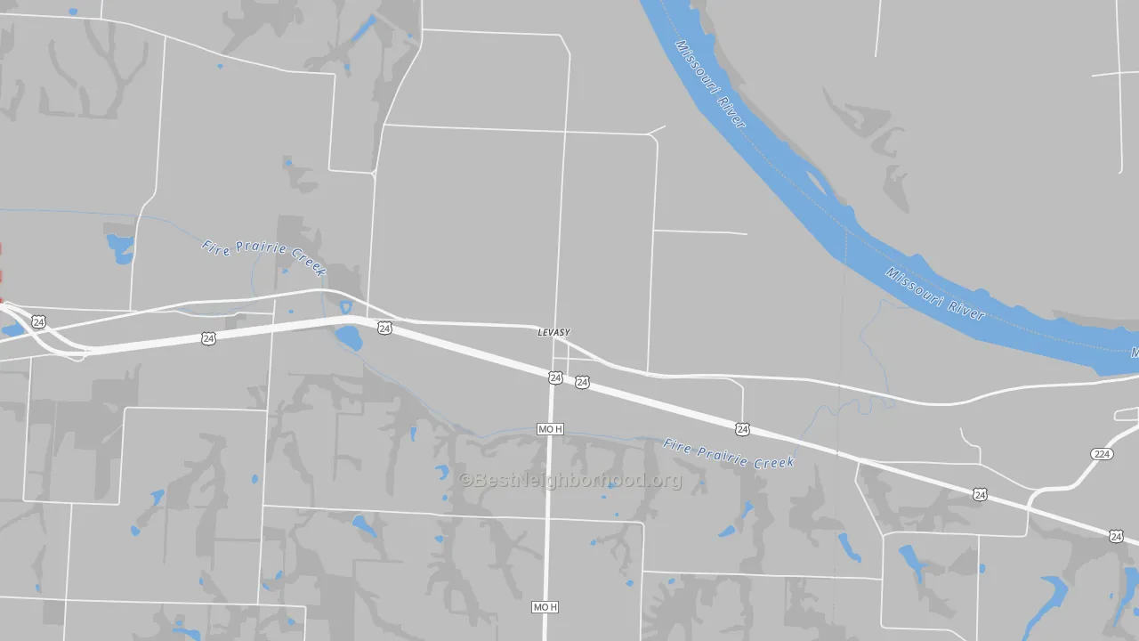 Walk Grade map of 64066, MO, walkable areas in green and car-dependent areas in red