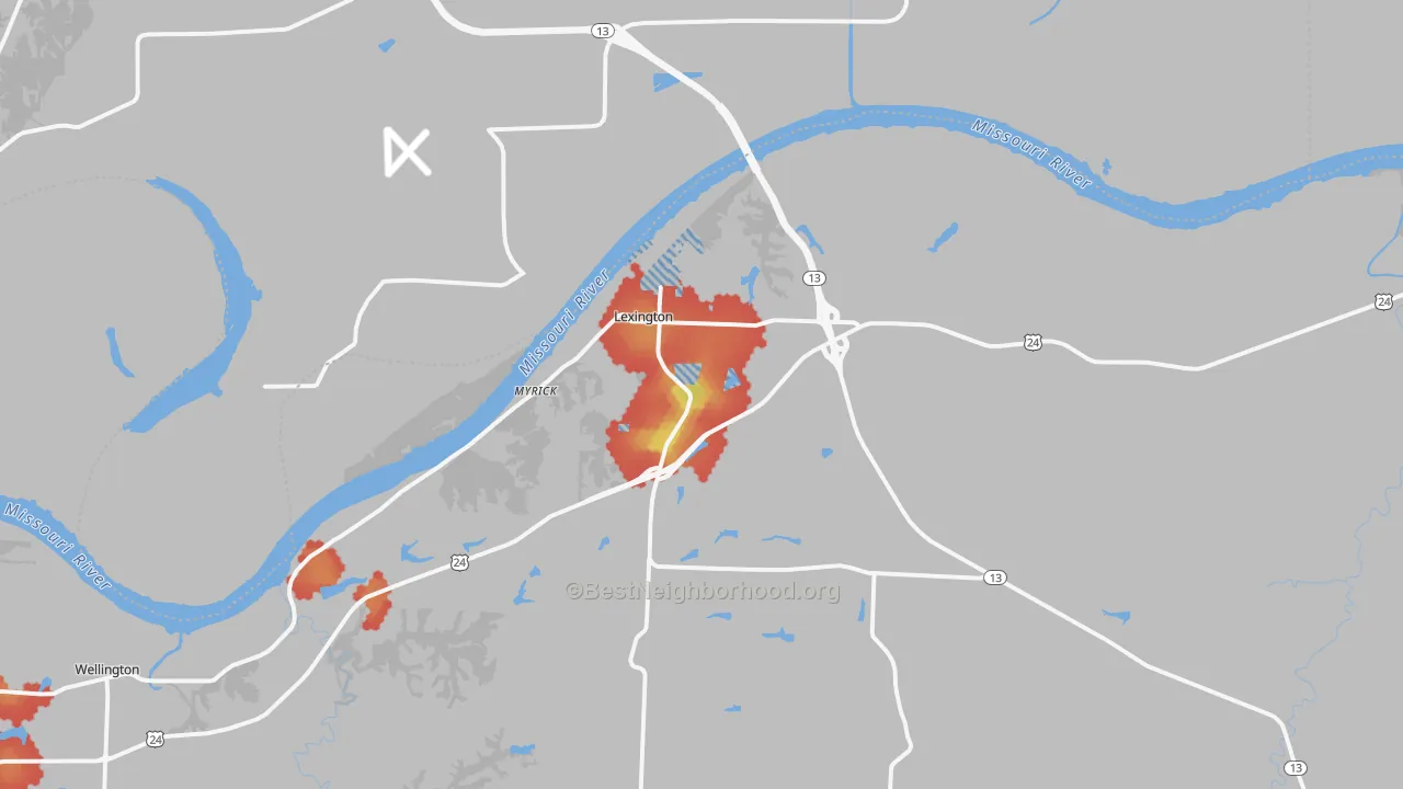 Walk Grade map of 64067, MO, walkable areas in green and car-dependent areas in red