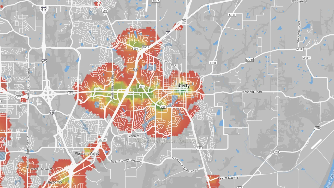 Walk Grade map of 64068, MO, walkable areas in green and car-dependent areas in red