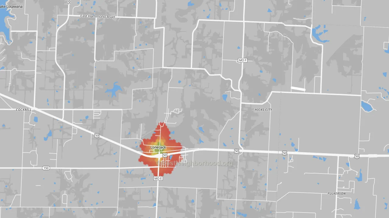 Walk Grade map of 64070, MO, walkable areas in green and car-dependent areas in red