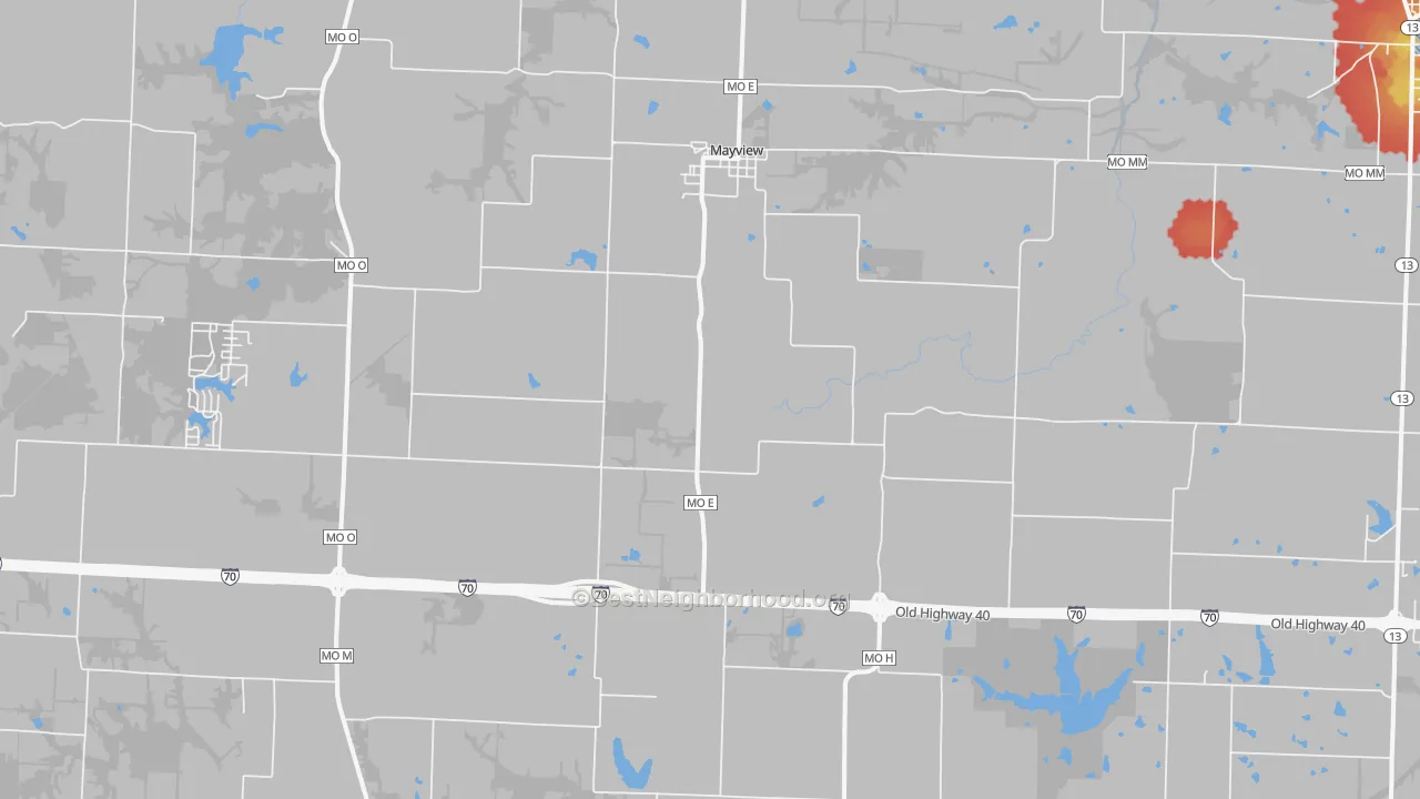 Walk Grade map of 64071, MO, walkable areas in green and car-dependent areas in red