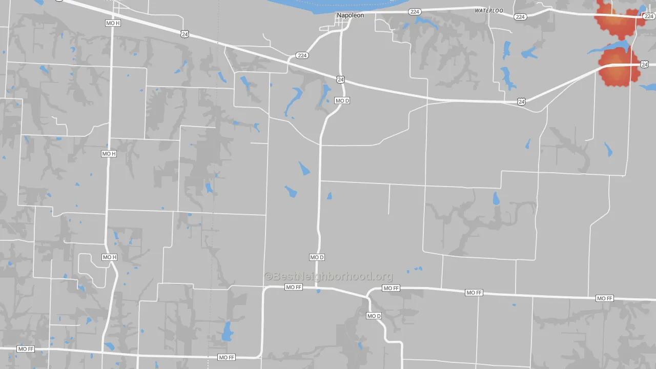 Walk Grade map of 64074, MO, walkable areas in green and car-dependent areas in red