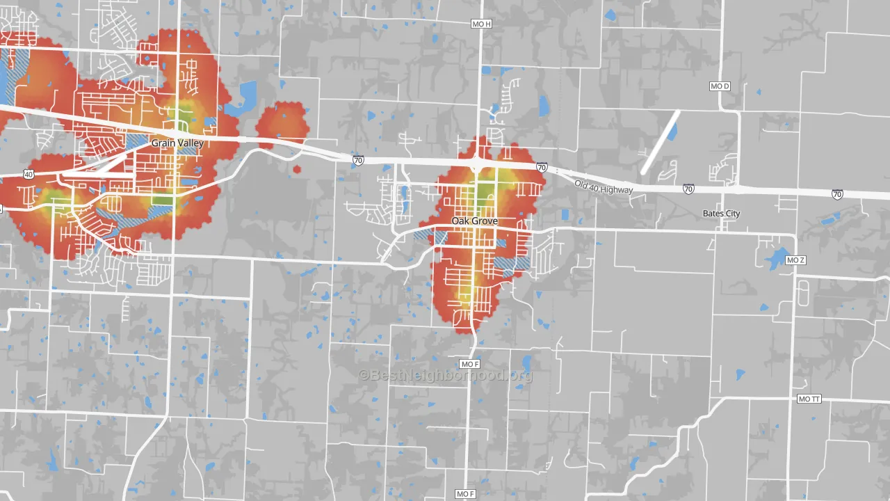 Walk Grade map of 64075, MO, walkable areas in green and car-dependent areas in red