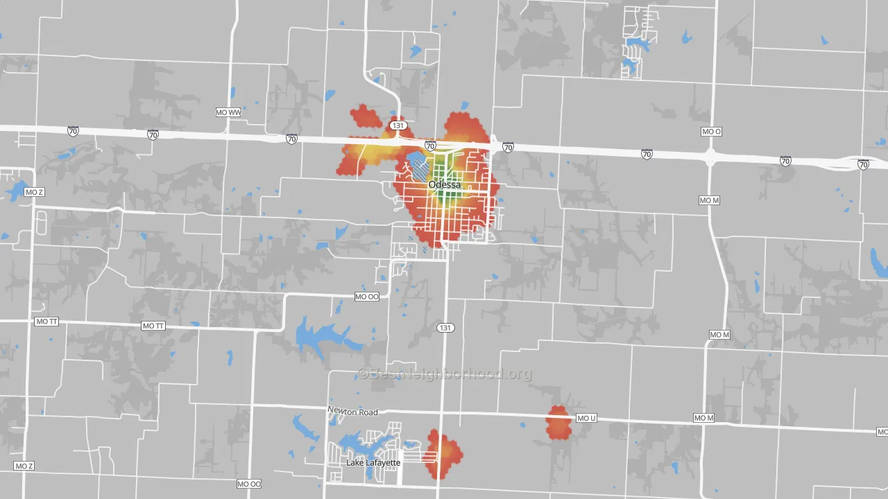 Walk Grade map of 64076, MO, walkable areas in green and car-dependent areas in red