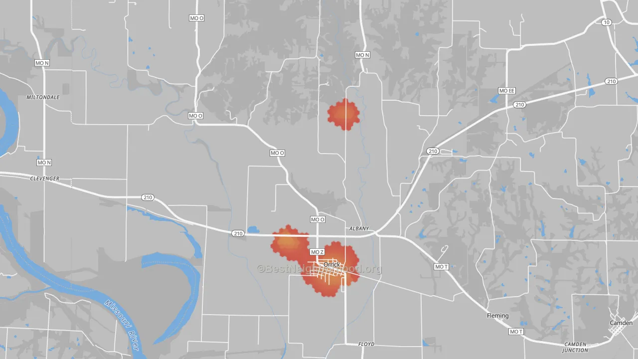 Walk Grade map of 64077, MO, walkable areas in green and car-dependent areas in red