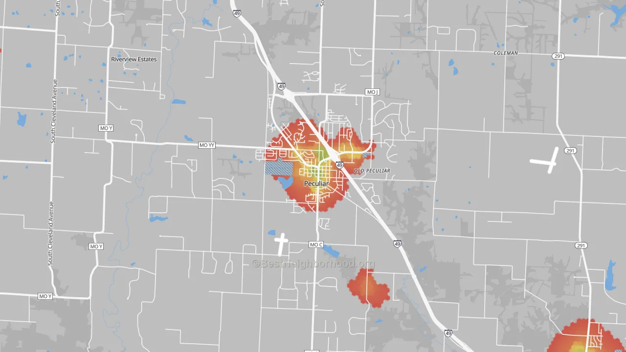 Walk Grade map of 64078, MO, walkable areas in green and car-dependent areas in red