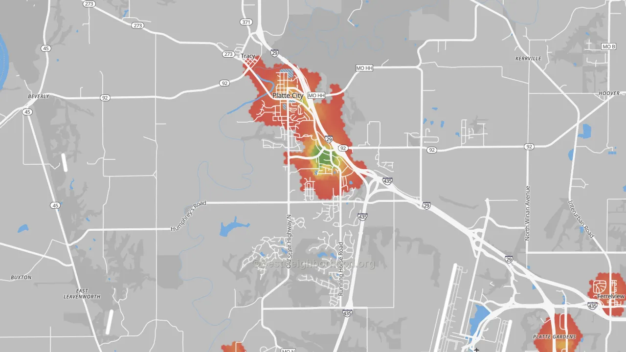 Walk Grade map of 64079, MO, walkable areas in green and car-dependent areas in red