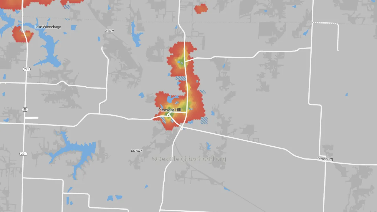 Walk Grade map of 64080, MO, walkable areas in green and car-dependent areas in red