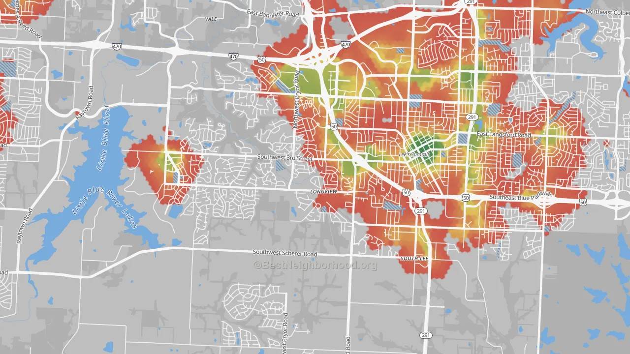 Walk Grade map of 64081, MO, walkable areas in green and car-dependent areas in red