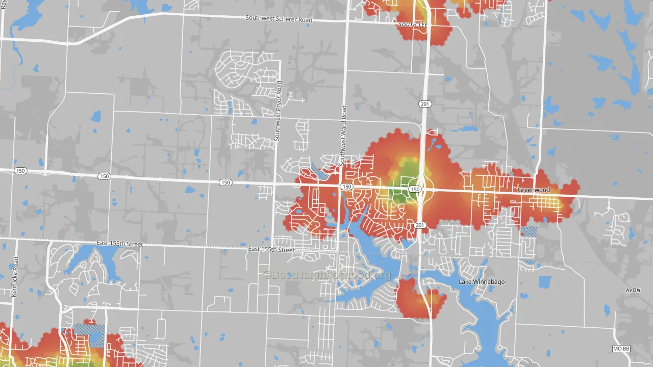 Walk Grade map of 64082, MO, walkable areas in green and car-dependent areas in red