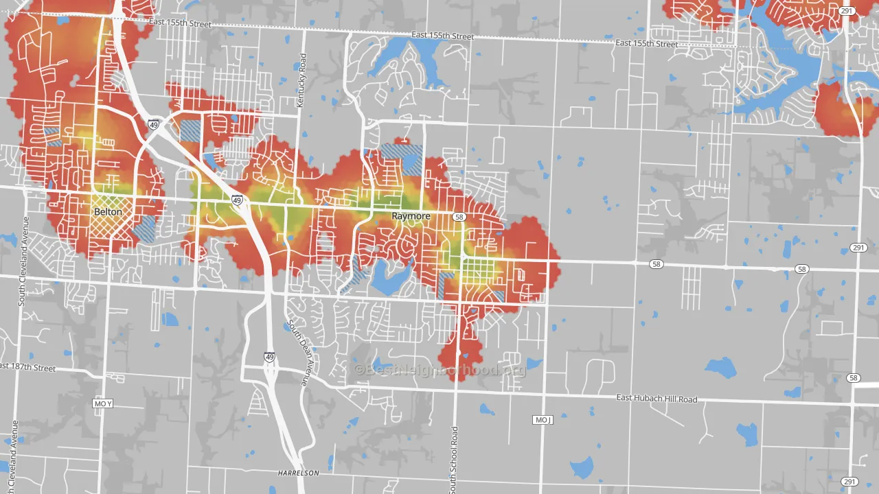 Walk Grade map of 64083, MO, walkable areas in green and car-dependent areas in red