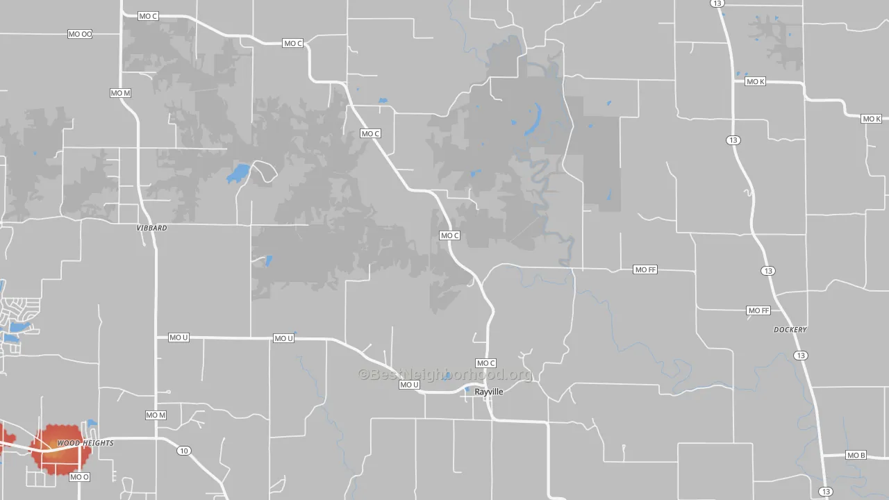 Walk Grade map of 64084, MO, walkable areas in green and car-dependent areas in red