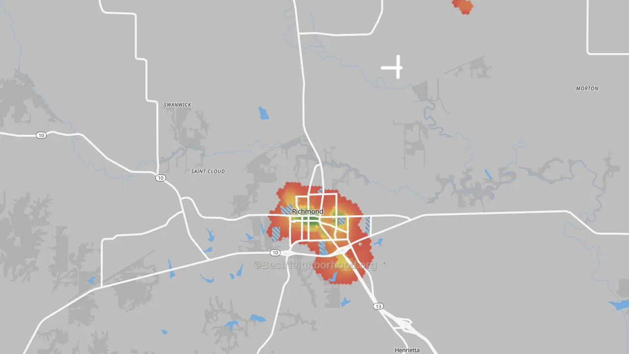 Walk Grade map of 64085, MO, walkable areas in green and car-dependent areas in red