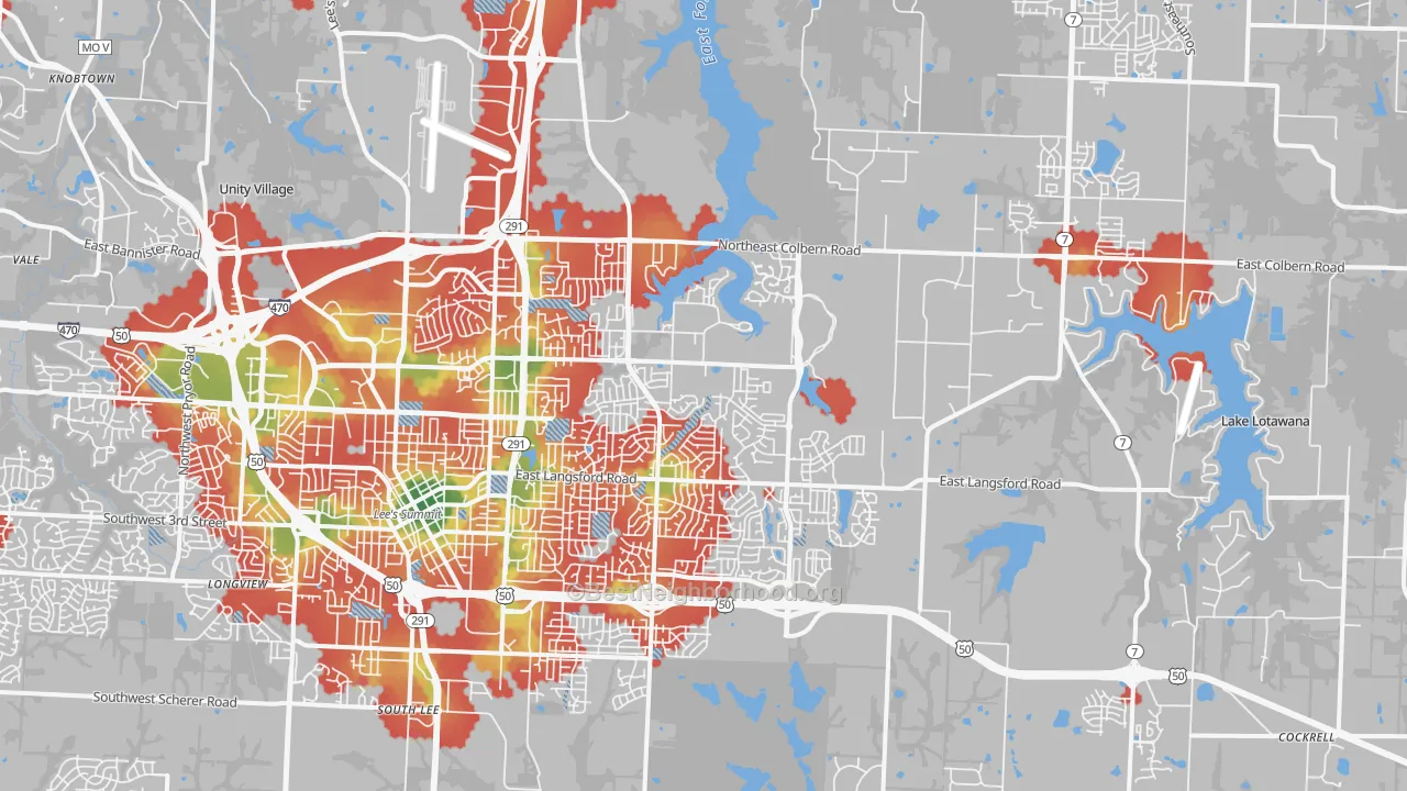 Walk Grade map of 64086, MO, walkable areas in green and car-dependent areas in red