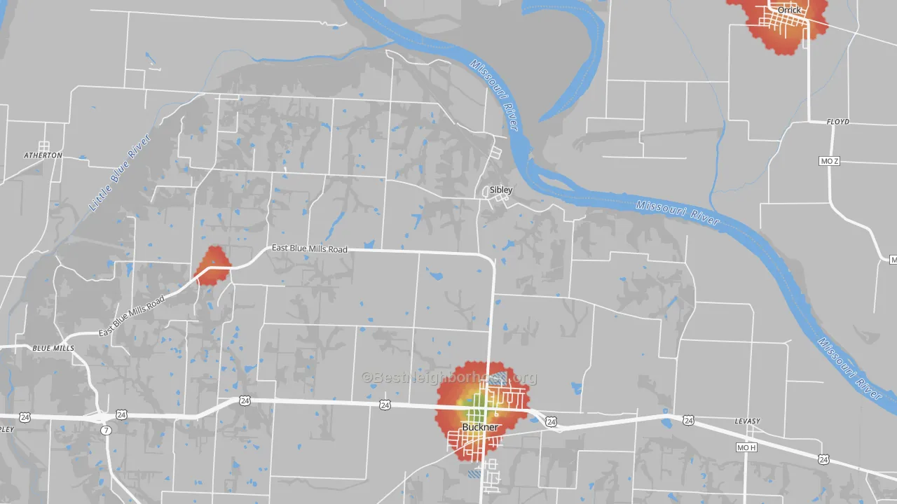 Walk Grade map of 64088, MO, walkable areas in green and car-dependent areas in red