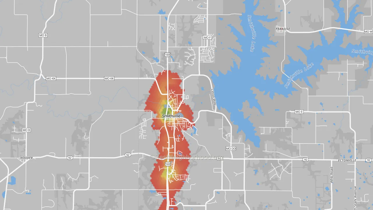 Walk Grade map of 64089, MO, walkable areas in green and car-dependent areas in red
