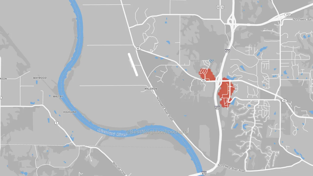 Walk Grade map of 64092, MO, walkable areas in green and car-dependent areas in red