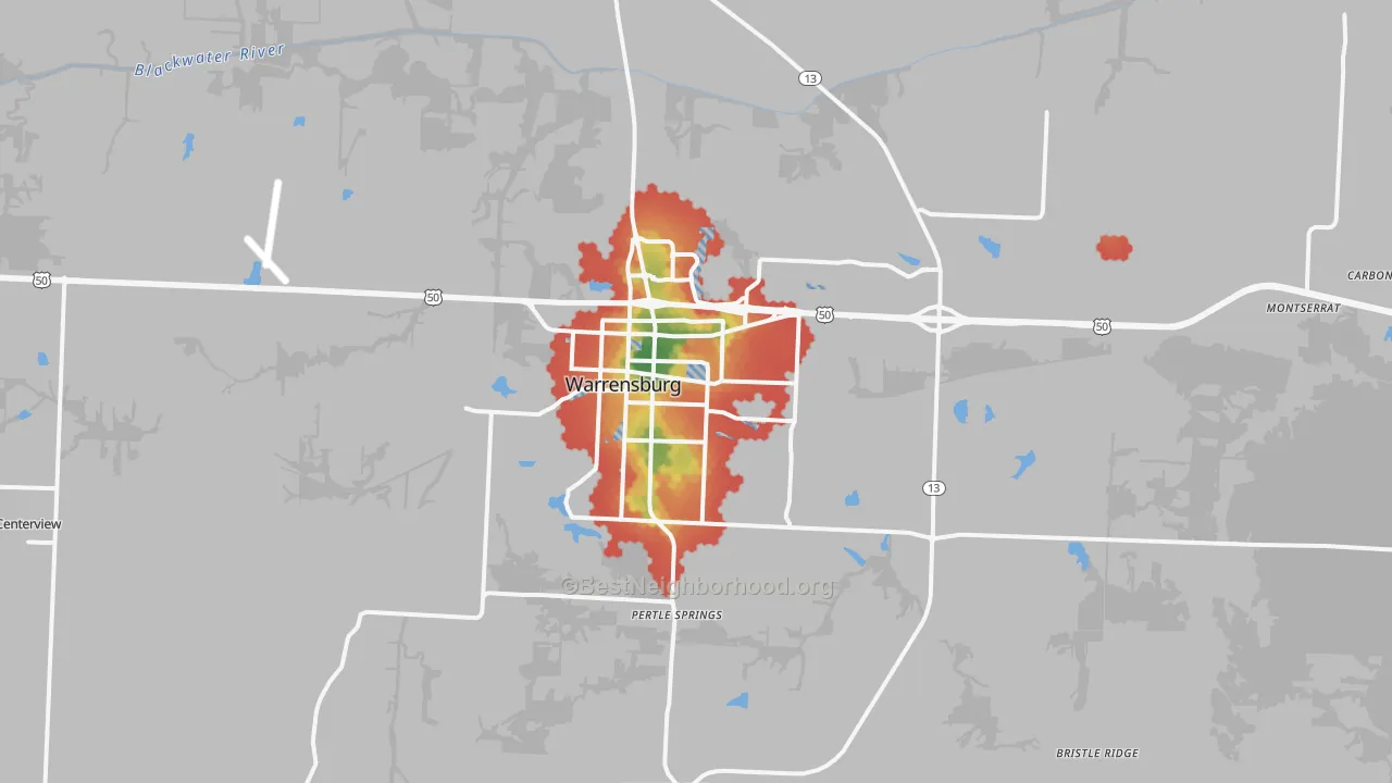 Walk Grade map of 64093, MO, walkable areas in green and car-dependent areas in red