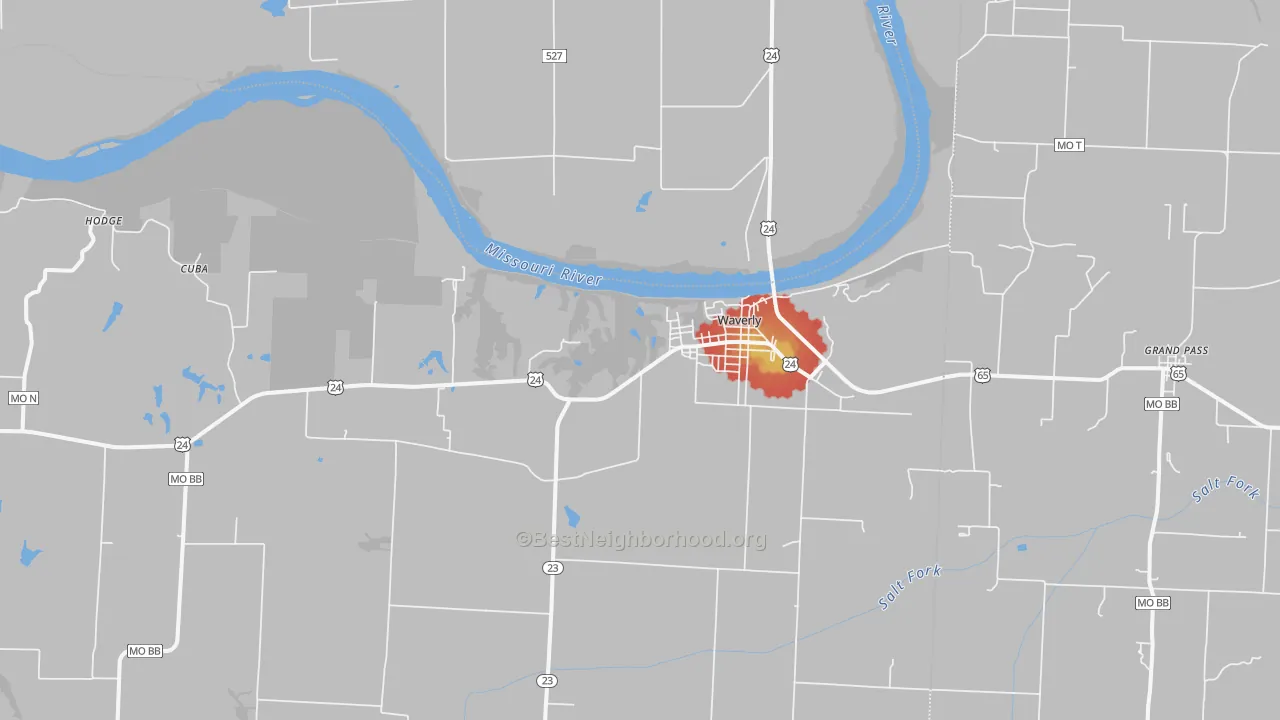 Walk Grade map of 64096, MO, walkable areas in green and car-dependent areas in red
