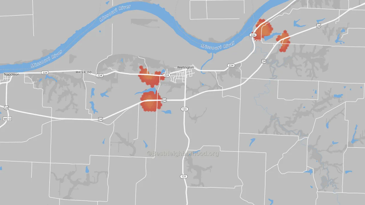 Walk Grade map of 64097, MO, walkable areas in green and car-dependent areas in red