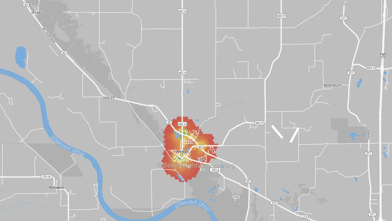 Walk Grade map of 64098, MO, walkable areas in green and car-dependent areas in red