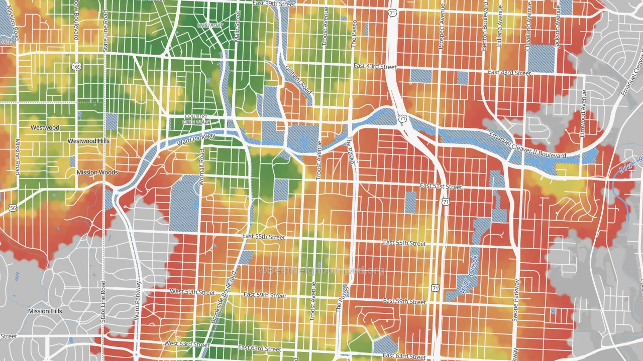 Walk Grade map of 64110, MO, walkable areas in green and car-dependent areas in red