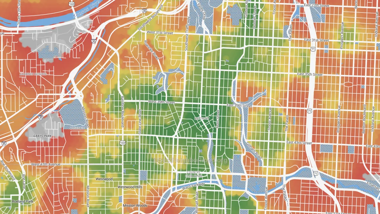 Walk Grade map of 64111, MO, walkable areas in green and car-dependent areas in red