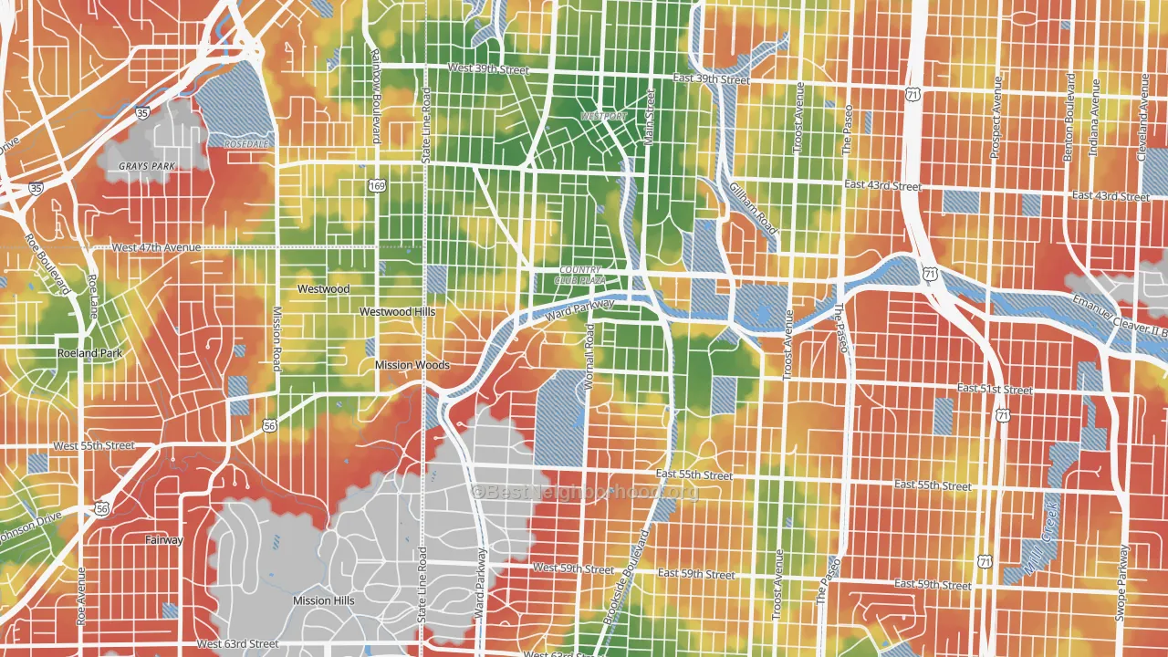 Walk Grade map of 64112, MO, walkable areas in green and car-dependent areas in red